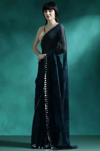 Navy blue embellished saree with blouse piece