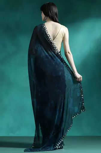 Navy blue embellished saree with blouse piece