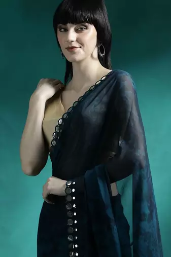 Navy blue embellished saree with blouse piece