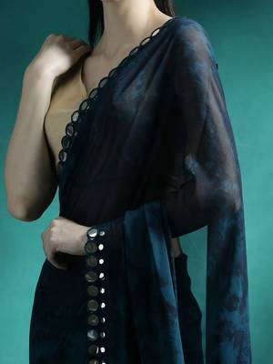 Navy blue embellished saree with blouse piece 5