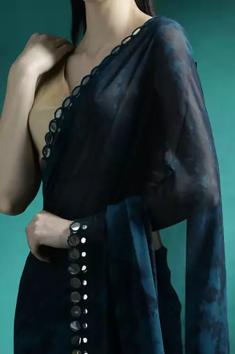 Navy blue embellished saree with blouse piece