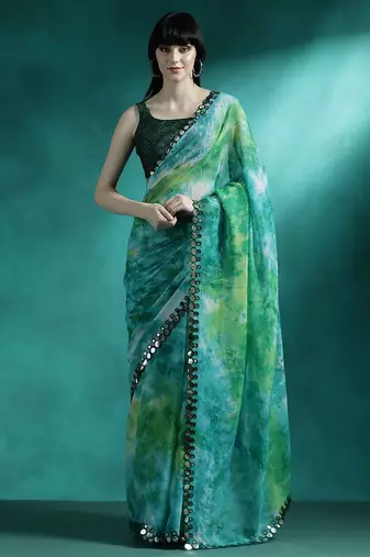 Green tie & dye printed saree with blouse piece