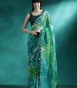 Green tie & dye printed saree with blouse piece