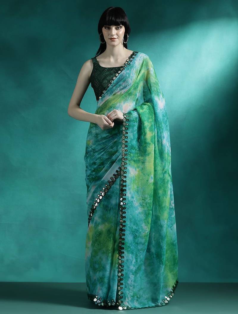 Green tie & dye printed saree with blouse piece
