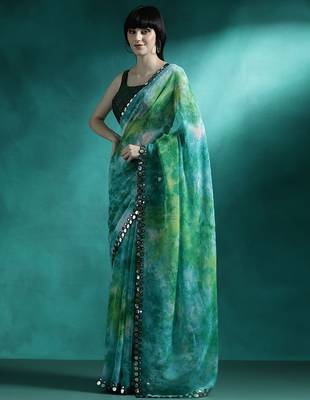 Green tie & dye printed saree with blouse piece 2