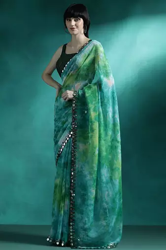 Green tie & dye printed saree with blouse piece