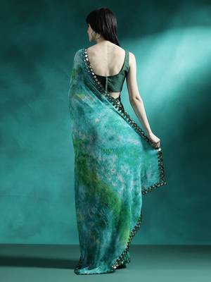 Green tie & dye printed saree with blouse piece 3