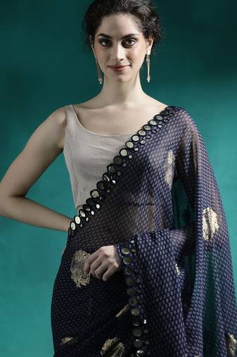 Navy blue foil printed sarees with blouse piece
