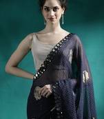 Navy blue foil printed sarees with blouse piece
