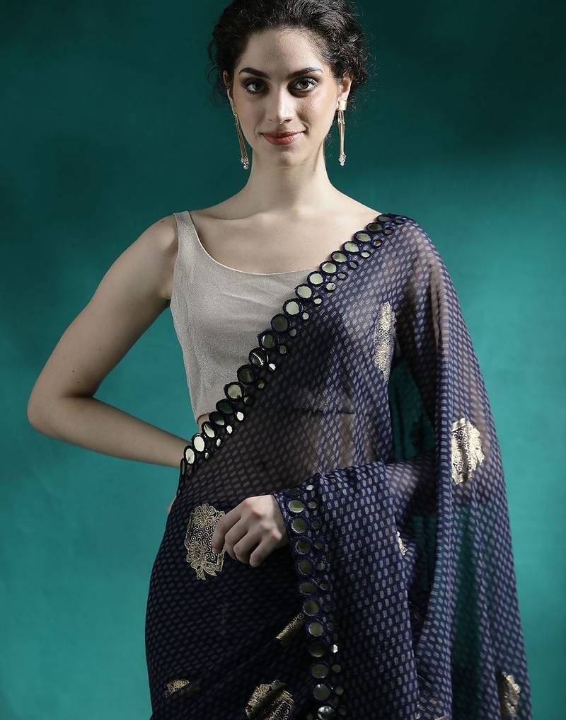Navy blue foil printed sarees with blouse piece