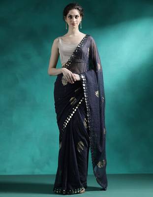 Navy blue foil printed sarees with blouse piece 2