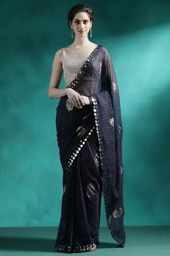 Navy blue foil printed sarees with blouse piece