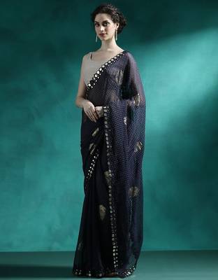 Navy blue foil printed sarees with blouse piece 3