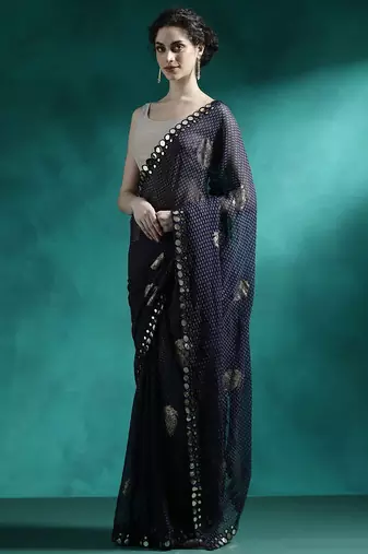 Navy blue foil printed sarees with blouse piece