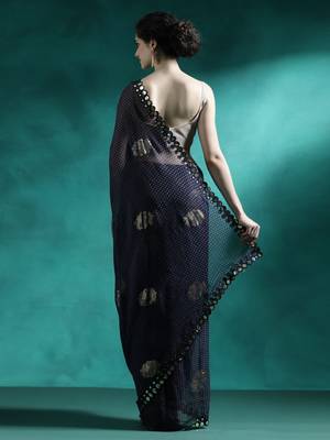 Navy blue foil printed sarees with blouse piece 4