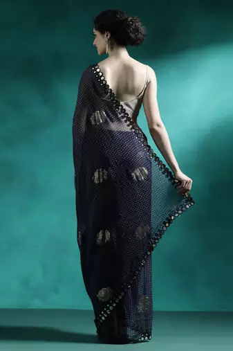 Navy blue foil printed sarees with blouse piece