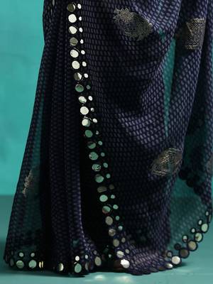 Navy blue foil printed sarees with blouse piece 5