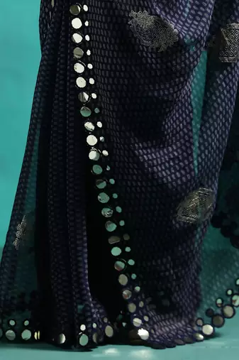 Navy blue foil printed sarees with blouse piece