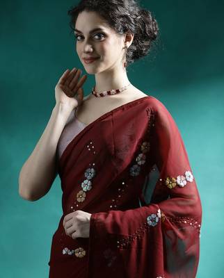 Maroon floral embroidered saree with unstitched blouse piece 1