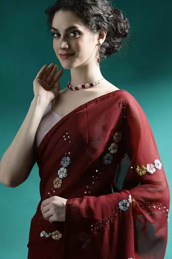 Maroon floral embroidered saree with unstitched blouse piece