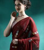 Maroon floral embroidered saree with unstitched blouse piece