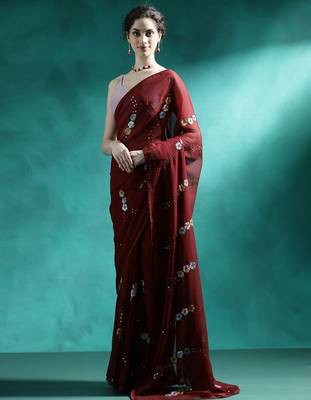 Maroon floral embroidered saree with unstitched blouse piece 2