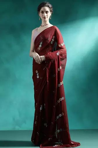 Maroon floral embroidered saree with unstitched blouse piece