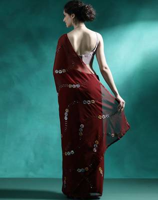 Maroon floral embroidered saree with unstitched blouse piece 3