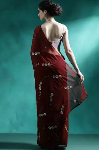 Maroon floral embroidered saree with unstitched blouse piece
