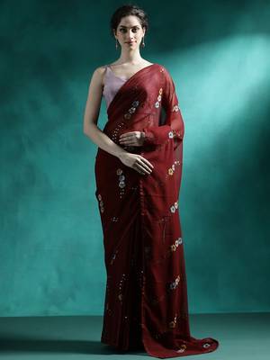 Maroon floral embroidered saree with unstitched blouse piece 4