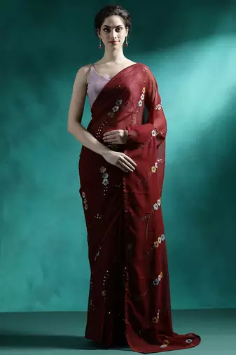 Maroon floral embroidered saree with unstitched blouse piece