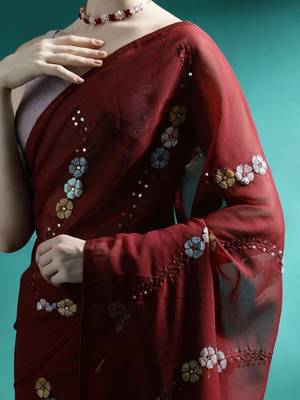 Maroon floral embroidered saree with unstitched blouse piece 5