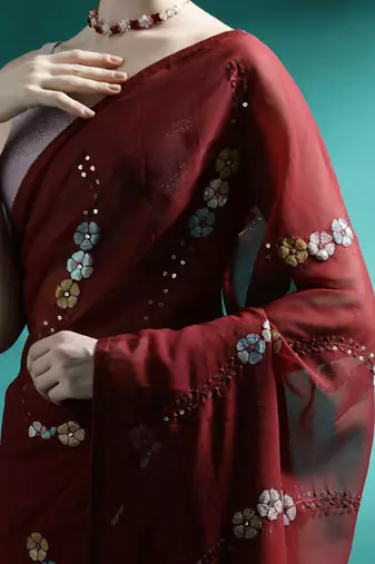 Maroon floral embroidered saree with unstitched blouse piece