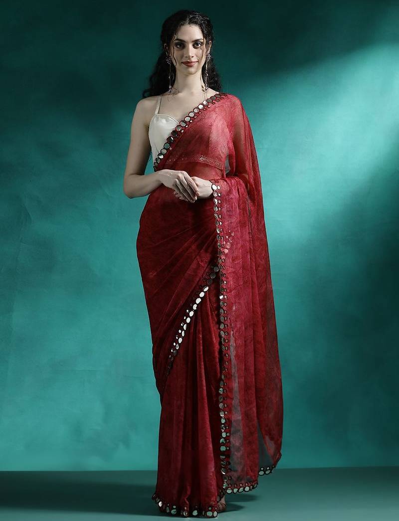 Maroon printed with embellished border saree