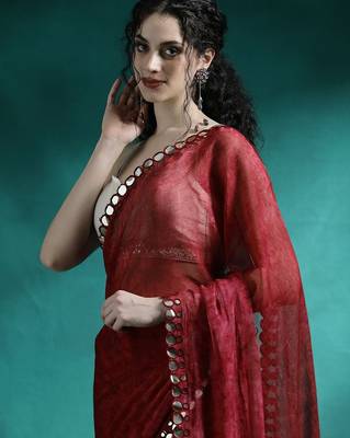 Maroon printed with embellished border saree 4