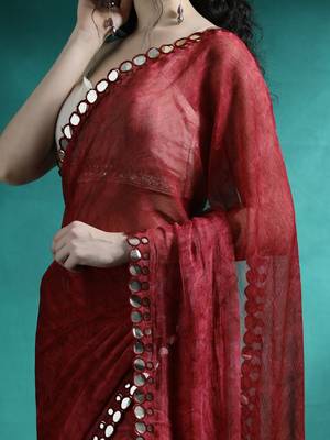 Maroon printed with embellished border saree 5