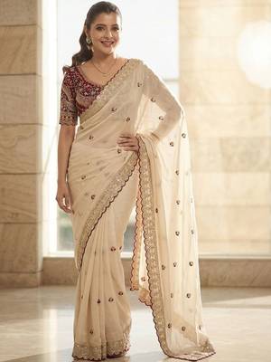 White embellished embroidered sequinned sarees with blouse piece 1