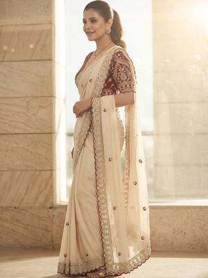 White embellished embroidered sequinned sarees with blouse piece 2