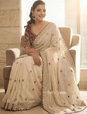White embellished embroidered sequinned sarees with blouse piece 4