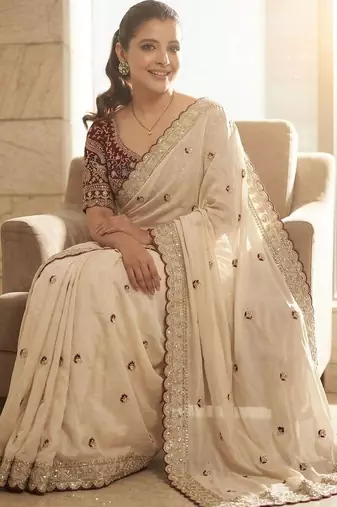 White embellished embroidered sequinned sarees with blouse piece