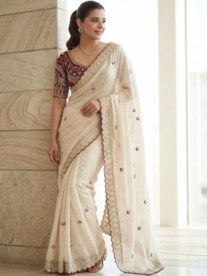White embellished embroidered sequinned sarees with blouse piece 5