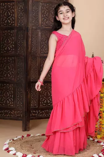 Pink girls lehenga saree with schifley blouse