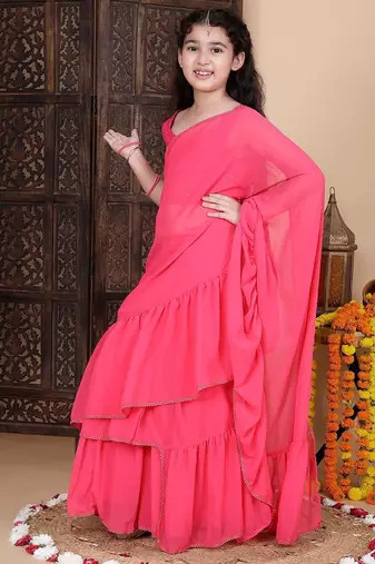 Pink girls lehenga saree with schifley blouse