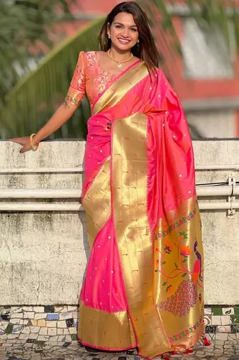 Pink woven design zari paithani silk saree saree with unstitched blouse
