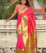 Pink woven design zari paithani silk saree saree with unstitched blouse