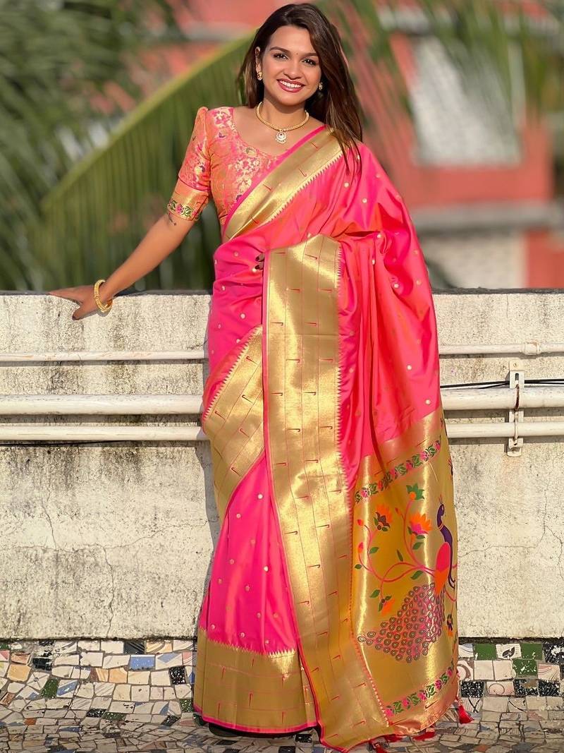 Pink woven design zari paithani silk saree saree with unstitched blouse