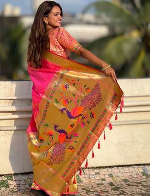 Pink woven design zari paithani silk saree saree with unstitched blouse 2