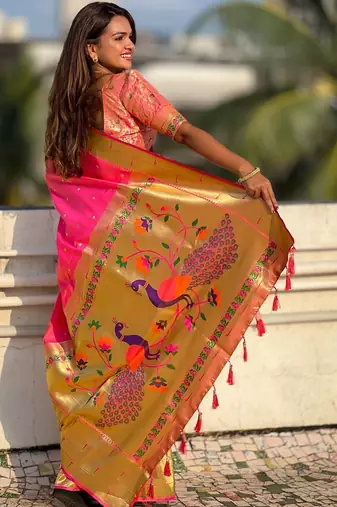 Pink woven design zari paithani silk saree saree with unstitched blouse