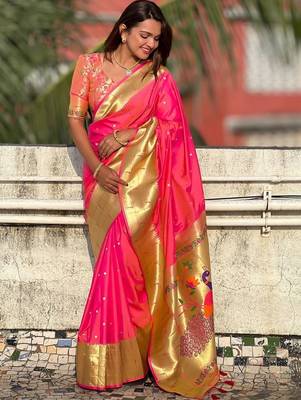 Pink woven design zari paithani silk saree saree with unstitched blouse 3