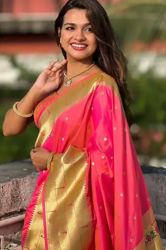 Pink woven design zari paithani silk saree saree with unstitched blouse